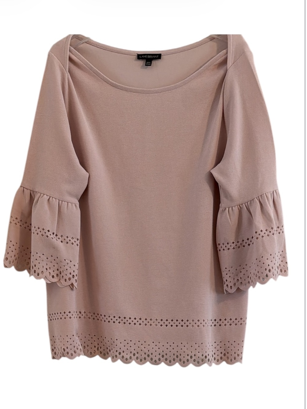 Lane Bryant Laser Cut Bell Sleeve Top Pink Blouse Scalloped Hem Size 14/16